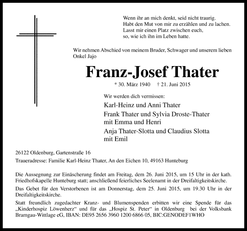  Traueranzeige für Franz Josef Thater vom 23.06.2015 aus Neue Osnabrücker Zeitung GmbH & Co. KG