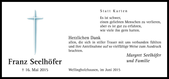 Traueranzeige von Franz Seelhöfer von Neue Osnabrücker Zeitung GmbH & Co. KG