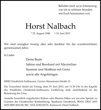 Traueranzeige von Horst Nalbach von Neue Osnabrücker Zeitung GmbH & Co. KG