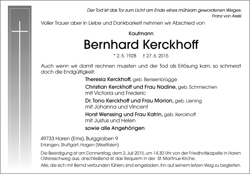  Traueranzeige für Bernhard Kerckhoff vom 29.06.2015 aus Neue Osnabrücker Zeitung GmbH & Co. KG