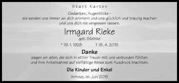 Traueranzeige von Irmgard Rieke von Neue Osnabrücker Zeitung GmbH & Co. KG