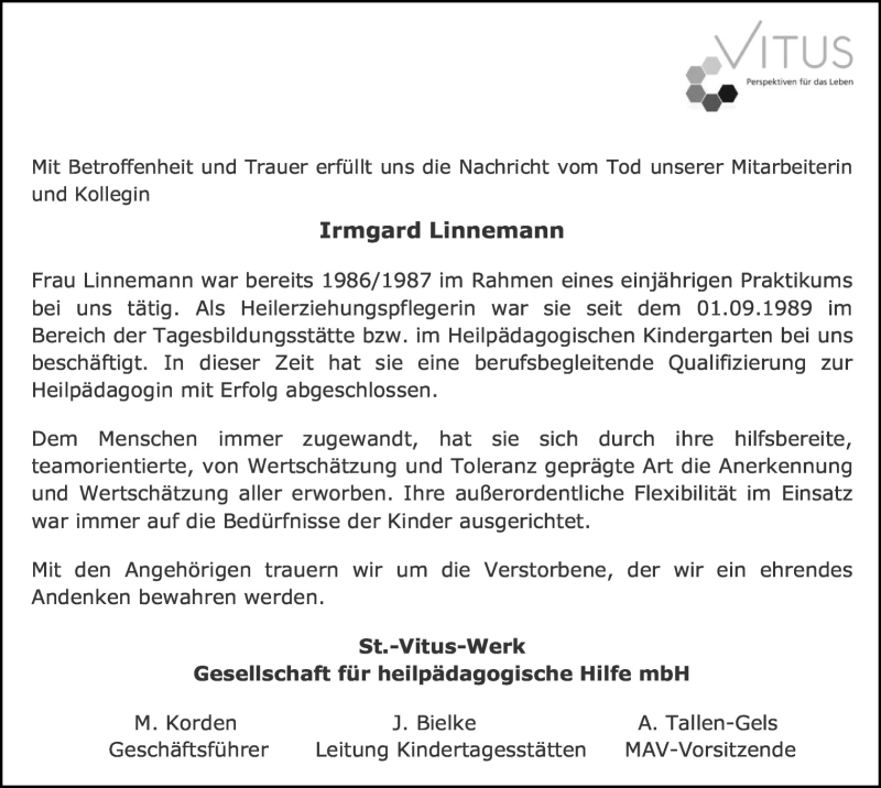  Traueranzeige für Irmgard Linnemann vom 01.06.2015 aus Neue Osnabrücker Zeitung GmbH & Co. KG