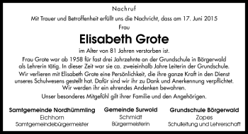 Traueranzeige von Elisabeth Grote von Neue Osnabrücker Zeitung GmbH & Co. KG