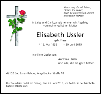 Traueranzeige von Elisabeth Ussler von Neue Osnabrücker Zeitung GmbH & Co. KG