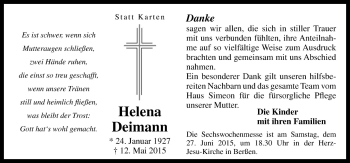 Traueranzeige von Helena Deimann von Neue Osnabrücker Zeitung GmbH & Co. KG