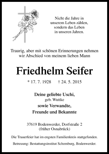 Traueranzeige von Friedhelm Seifer von Neue Osnabrücker Zeitung GmbH & Co. KG