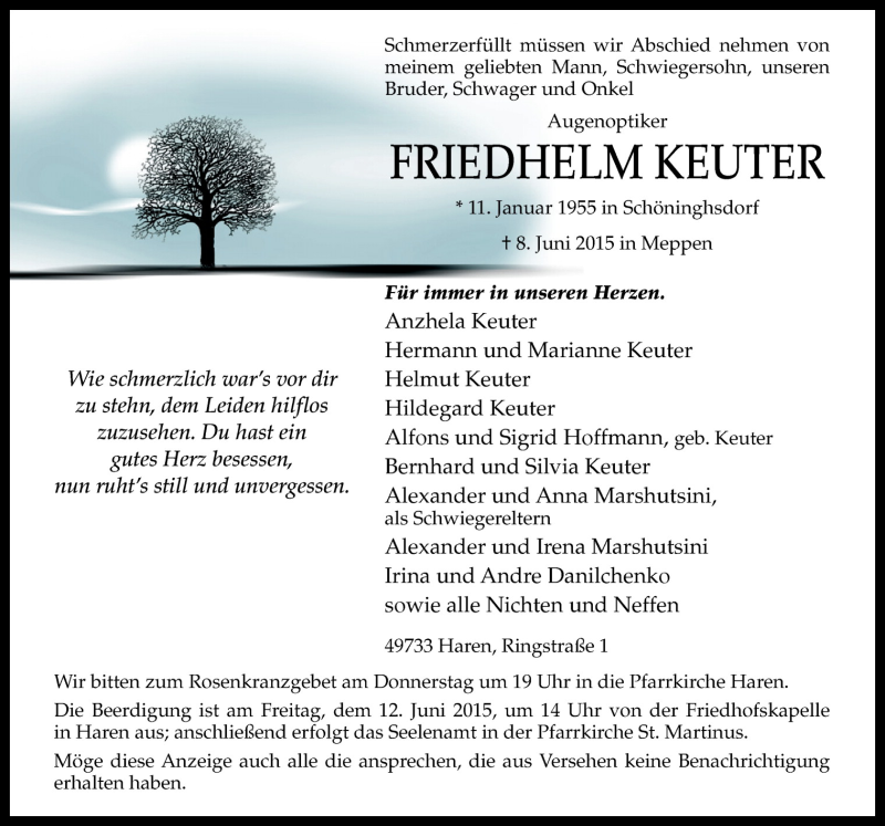  Traueranzeige für Friedhelm Keuter vom 10.06.2015 aus Neue Osnabrücker Zeitung GmbH & Co. KG