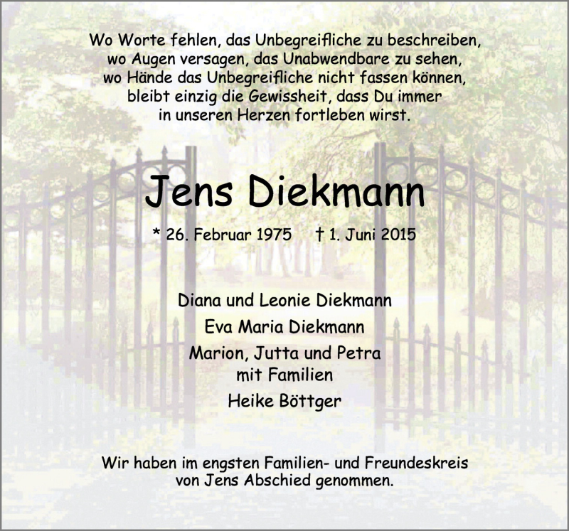  Traueranzeige für Jens Diekmann vom 10.06.2015 aus Neue Osnabrücker Zeitung GmbH & Co. KG