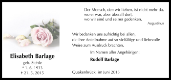 Traueranzeige von Elisabeth Barlage von Neue Osnabrücker Zeitung GmbH & Co. KG