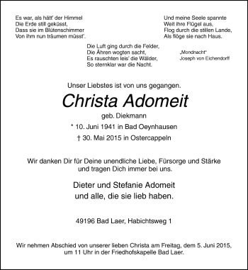 Traueranzeige von Christa Adomeit von Neue Osnabrücker Zeitung GmbH & Co. KG