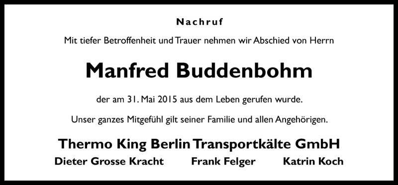  Traueranzeige für Manfred Buddenbohm vom 03.06.2015 aus Neue Osnabrücker Zeitung GmbH & Co. KG