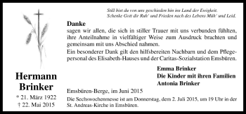 Traueranzeige von Emma Brinker von Neue Osnabrücker Zeitung GmbH & Co. KG