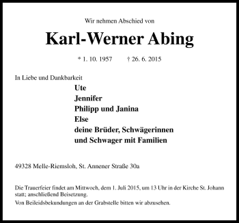 Traueranzeige von Karl Werner Abing von Neue Osnabrücker Zeitung GmbH & Co. KG