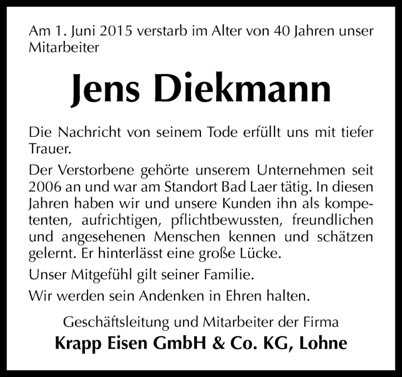  Traueranzeige für Jens Diekmann vom 12.06.2015 aus Neue Osnabrücker Zeitung GmbH & Co. KG