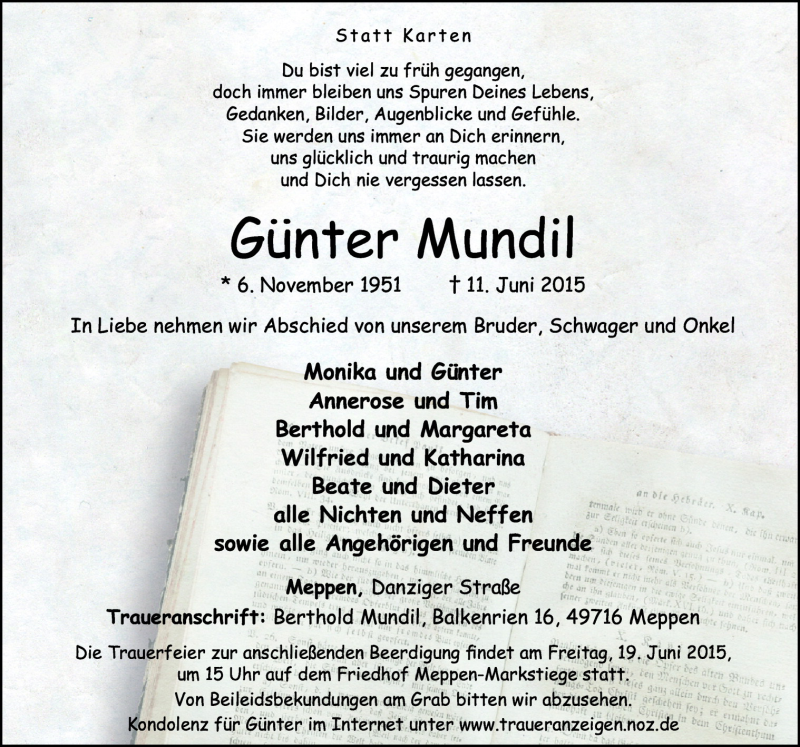  Traueranzeige für Günter Mundil vom 16.06.2015 aus Neue Osnabrücker Zeitung GmbH & Co. KG