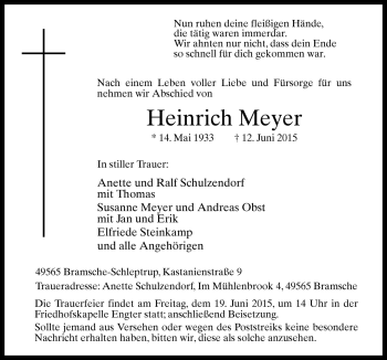 Traueranzeige von Heinrich Meyer von Neue Osnabrücker Zeitung GmbH & Co. KG