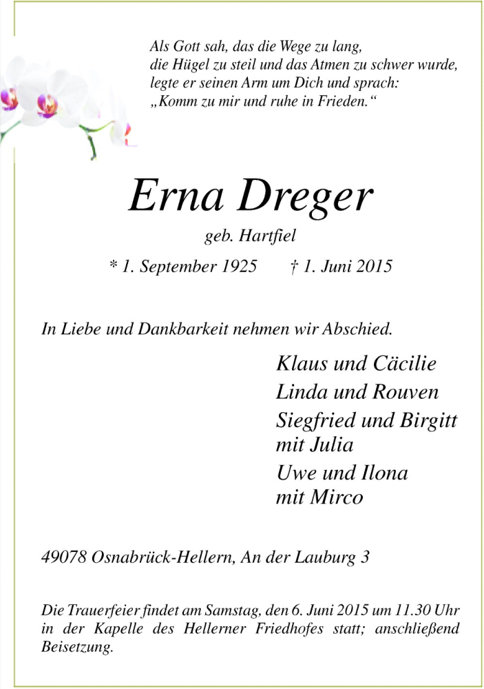  Traueranzeige für Erna Dreger vom 04.06.2015 aus Neue Osnabrücker Zeitung GmbH & Co. KG