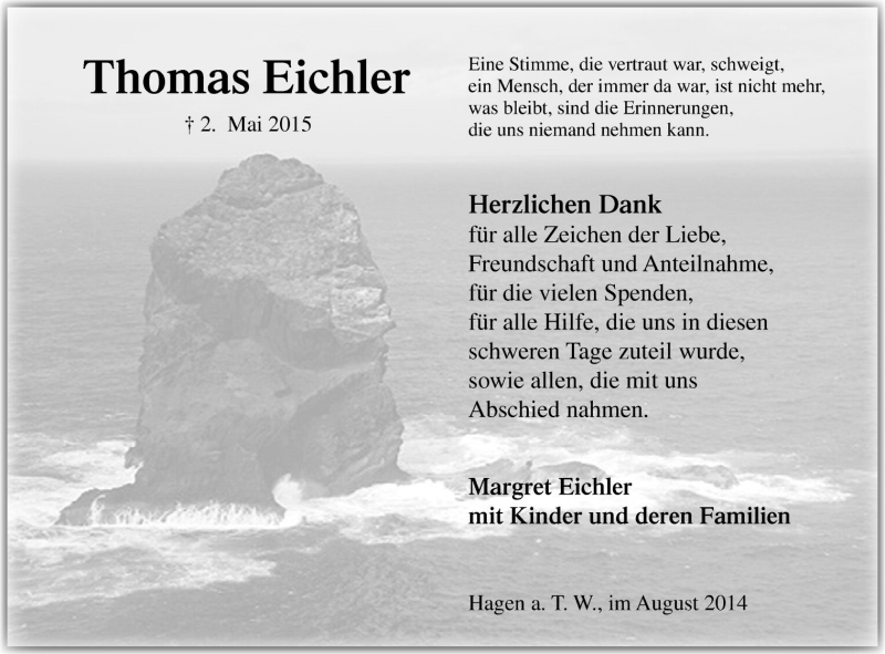  Traueranzeige für Thomas Eichler vom 06.06.2015 aus Neue Osnabrücker Zeitung GmbH & Co. KG