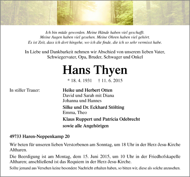  Traueranzeige für Hans Thyen vom 13.06.2015 aus Neue Osnabrücker Zeitung GmbH & Co. KG