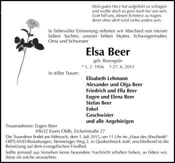 Traueranzeige von Elsa Beer von Neue Osnabrücker Zeitung GmbH & Co. KG