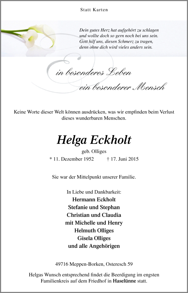  Traueranzeige für Helga Eckholt vom 19.06.2015 aus Neue Osnabrücker Zeitung GmbH & Co. KG