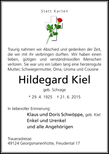 Traueranzeige von Hildegard Kiel von Neue Osnabrücker Zeitung GmbH & Co. KG