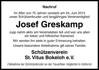 Traueranzeige von Josef Greskarnp von Neue Osnabrücker Zeitung GmbH & Co. KG