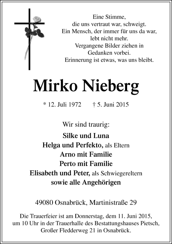  Traueranzeige für Mirko Nieberg vom 08.06.2015 aus Neue Osnabrücker Zeitung GmbH & Co. KG