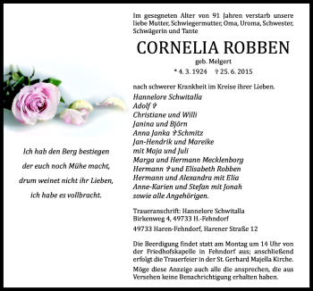 Traueranzeige von Cornelia Robben von Neue Osnabrücker Zeitung GmbH & Co. KG