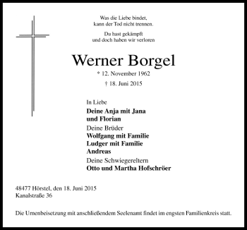 Traueranzeige von Werner Borgel von Neue Osnabrücker Zeitung GmbH & Co. KG