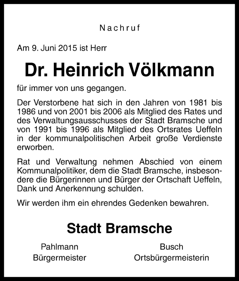  Traueranzeige für Heinrich Völkmann vom 13.06.2015 aus Neue Osnabrücker Zeitung GmbH & Co. KG