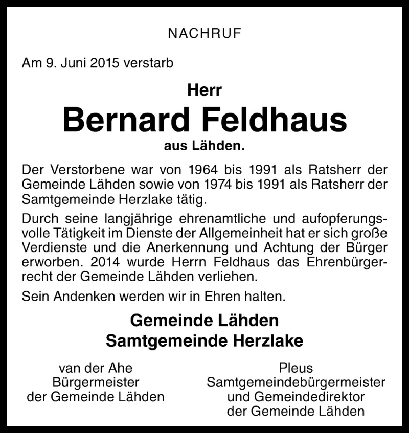  Traueranzeige für Bernard Feldhaus vom 13.06.2015 aus Neue Osnabrücker Zeitung GmbH & Co. KG