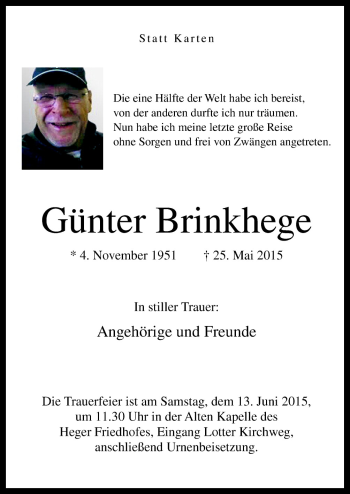 Traueranzeige von Günter Brinkhege von Neue Osnabrücker Zeitung GmbH & Co. KG