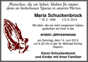 Traueranzeige von Maria Schuckenbrock von Neue Osnabrücker Zeitung GmbH & Co. KG