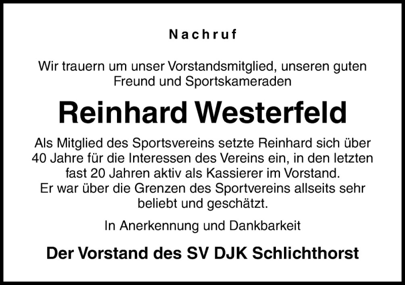  Traueranzeige für Reinhard Westerfeld vom 18.06.2015 aus Neue Osnabrücker Zeitung GmbH & Co. KG