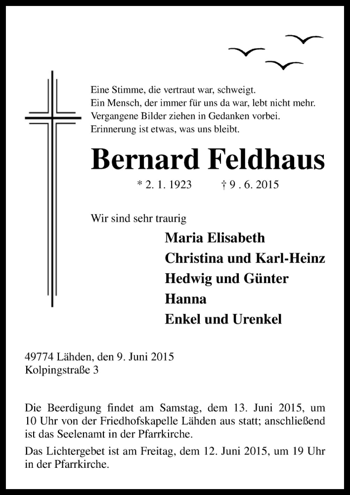  Traueranzeige für Bernard Feldhaus vom 12.06.2015 aus Neue Osnabrücker Zeitung GmbH & Co. KG