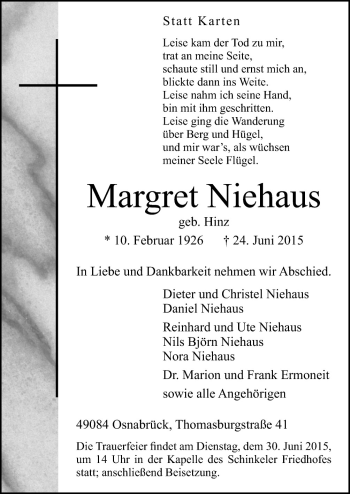 Traueranzeige von Margret Niehaus von Neue Osnabrücker Zeitung GmbH & Co. KG