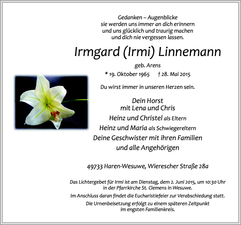  Traueranzeige für Irmgard Linnemann vom 01.06.2015 aus Neue Osnabrücker Zeitung GmbH & Co. KG