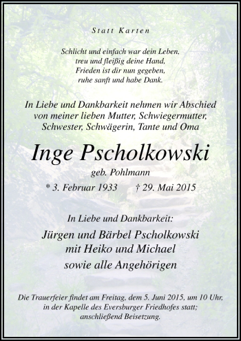 Traueranzeige von Inge Pscholkowski von Neue Osnabrücker Zeitung GmbH & Co. KG