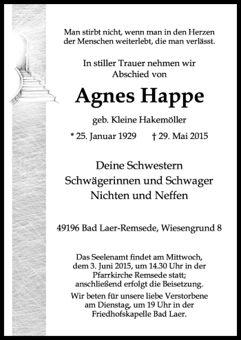 Traueranzeige von Agnes Happe von Neue Osnabrücker Zeitung GmbH & Co. KG