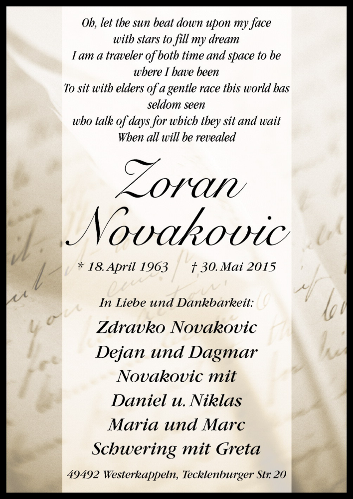  Traueranzeige für Zoran Novakovic vom 06.06.2015 aus Neue Osnabrücker Zeitung GmbH & Co. KG