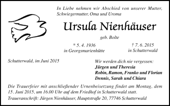 Traueranzeige von Ursula Nienhäuser von Neue Osnabrücker Zeitung GmbH & Co. KG
