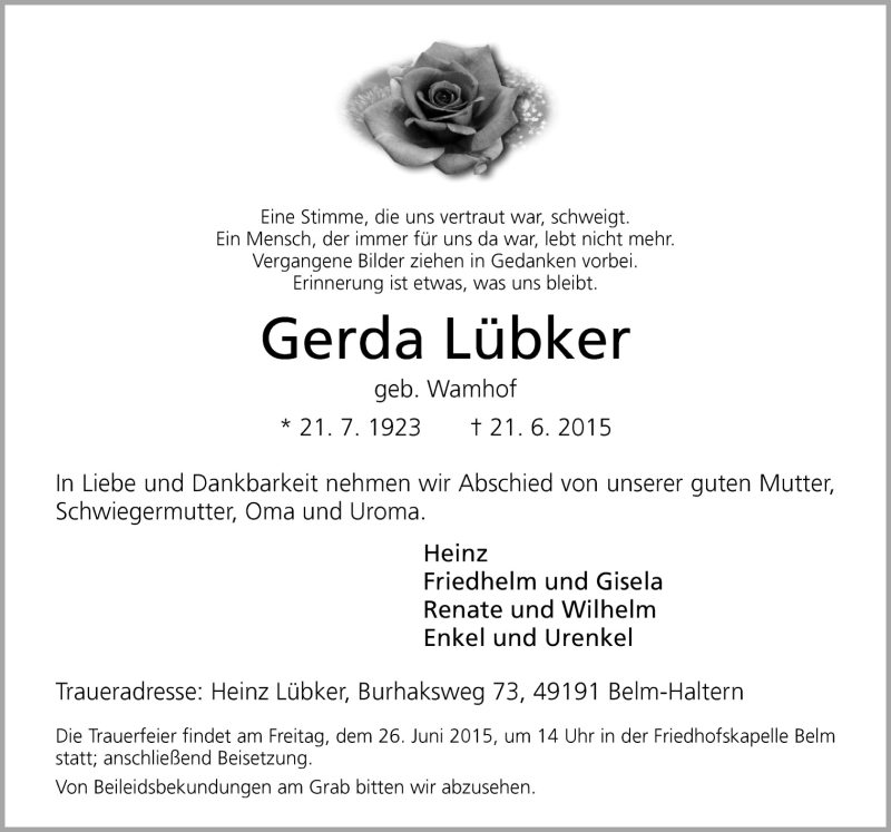  Traueranzeige für Gerda Lübker vom 24.06.2015 aus Neue Osnabrücker Zeitung GmbH & Co. KG