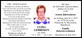 Traueranzeige von Lydia Gebbeken von Neue Osnabrücker Zeitung GmbH & Co. KG