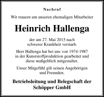 Traueranzeige von Heinrich Hallenga von Neue Osnabrücker Zeitung GmbH & Co. KG