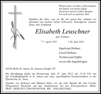 Traueranzeige von Elisabeth Leuschner von Neue Osnabrücker Zeitung GmbH & Co. KG