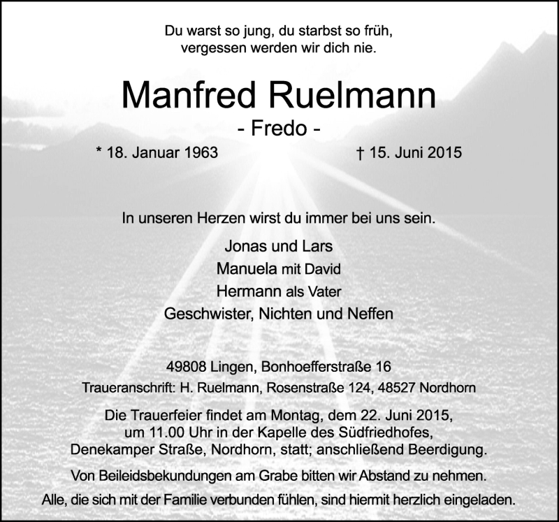  Traueranzeige für Manfred Ruelmann vom 17.06.2015 aus Neue Osnabrücker Zeitung GmbH & Co. KG