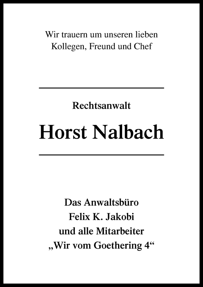  Traueranzeige für Horst Nalbach vom 13.06.2015 aus Neue Osnabrücker Zeitung GmbH & Co. KG