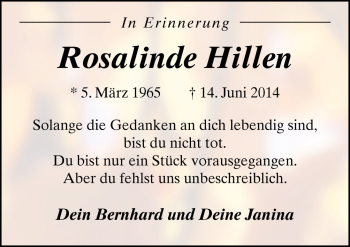 Traueranzeige von Rosalinde Hillen von Neue Osnabrücker Zeitung GmbH & Co. KG