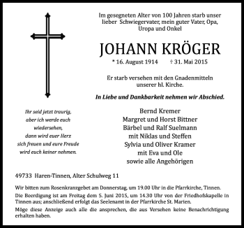 Traueranzeige von Johann Kröger von Neue Osnabrücker Zeitung GmbH & Co. KG